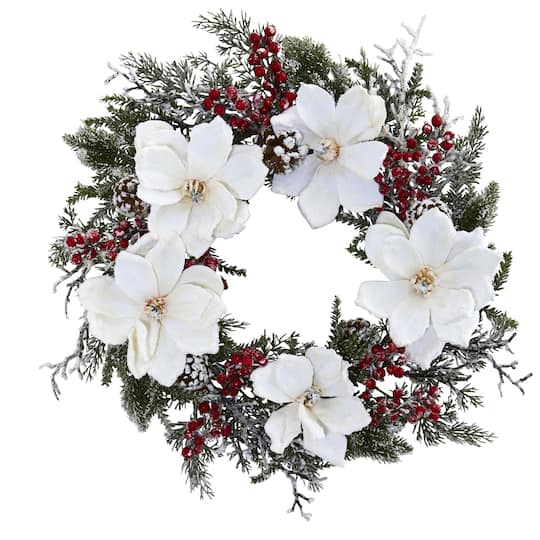 22&#x22; Snowed Magnolia &#x26; Berry Wreath
